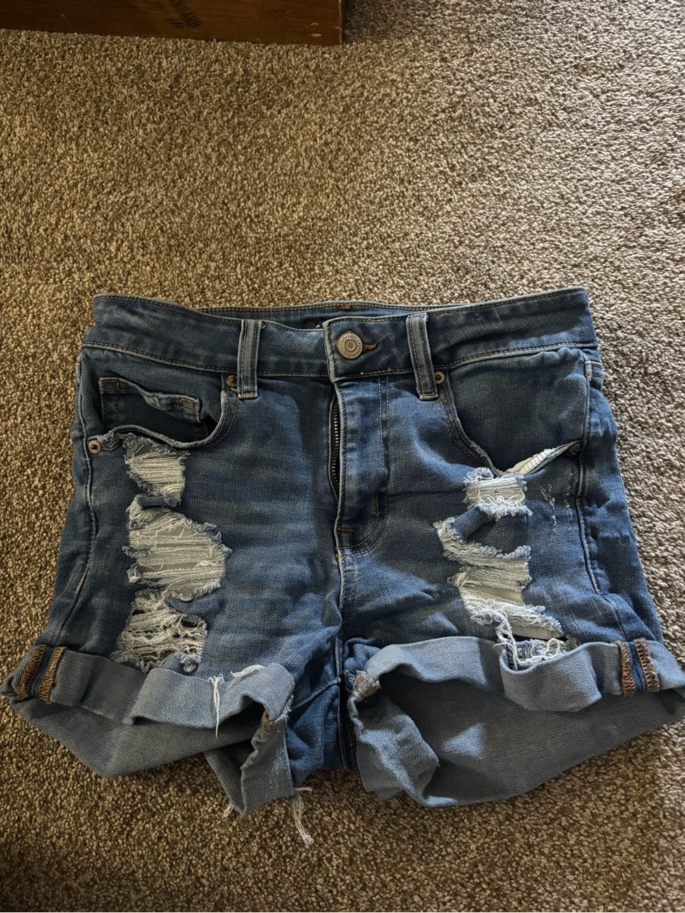 Aeropostale Distressed Rolled-Hem Denim Shorts - Blue High Rise Midi